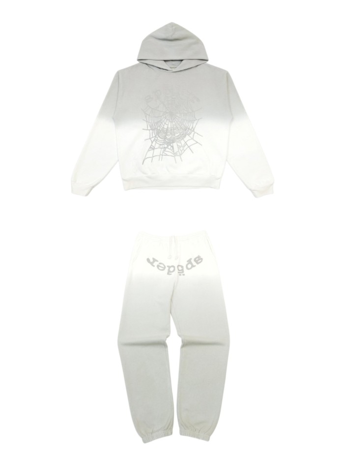 [Big & Tall for weights up to 220 lbs]1:1 quality version Gray White Dip-Dye Spider Web Print Hoodie & Pants Set 29168717
