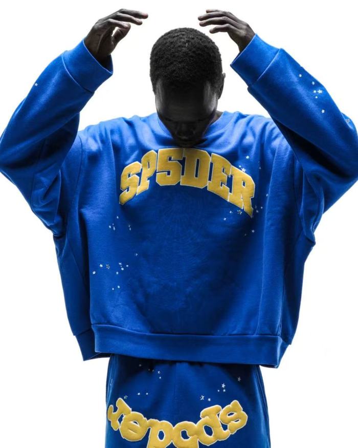 [Big & Tall for weights up to 220 lbs]1:1 quality version Yellow Letter Blue Mesh Print Crew Neck Sweatshirt & Shorts Set 29168715