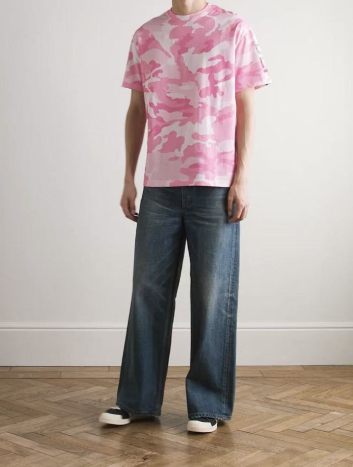 [Big & Tall for weights up to 220 lbs]1:1 quality version Pink Camo Vertical French Text Print Washed Tee 29213963