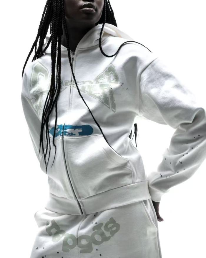 [Big & Tall for weights up to 220 lbs]1:1 quality version Big White Number 5 Print On Back Zip Up Hoodie & Shorts Set 29204991