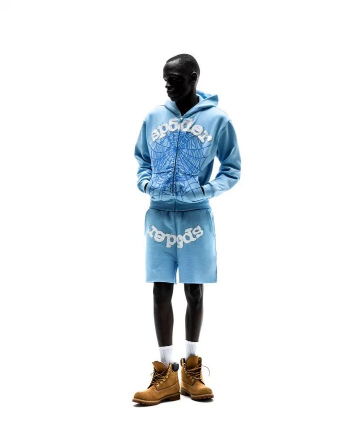 [Big & Tall for weights up to 220 lbs]1:1 quality version Rhinestone Light Blue Spider Web Zip Up Hoodie & Shorts Set 29204992