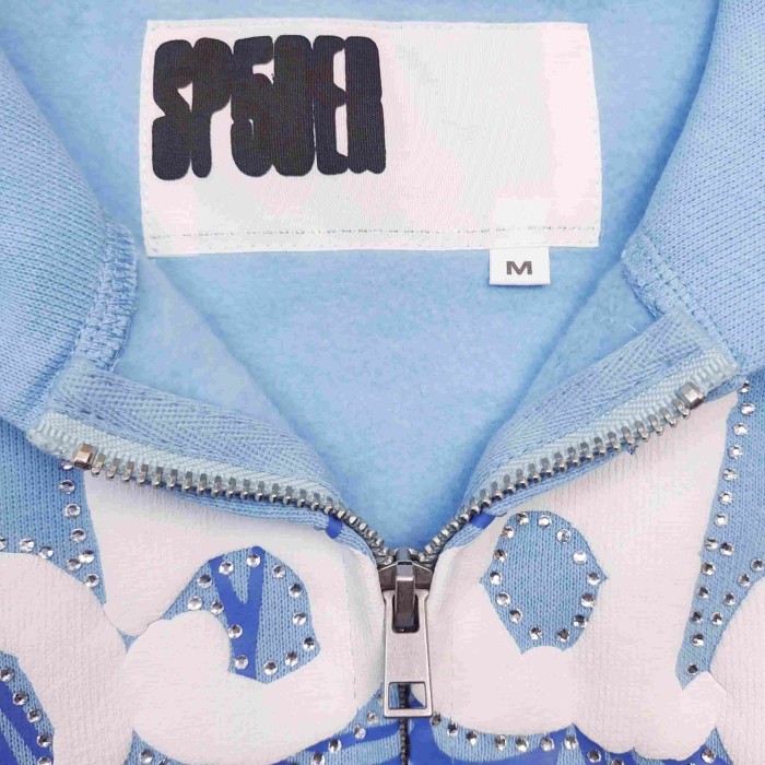 [Big & Tall for weights up to 220 lbs]1:1 quality version Rhinestone Light Blue Spider Web Zip Up Hoodie & Shorts Set 29204992