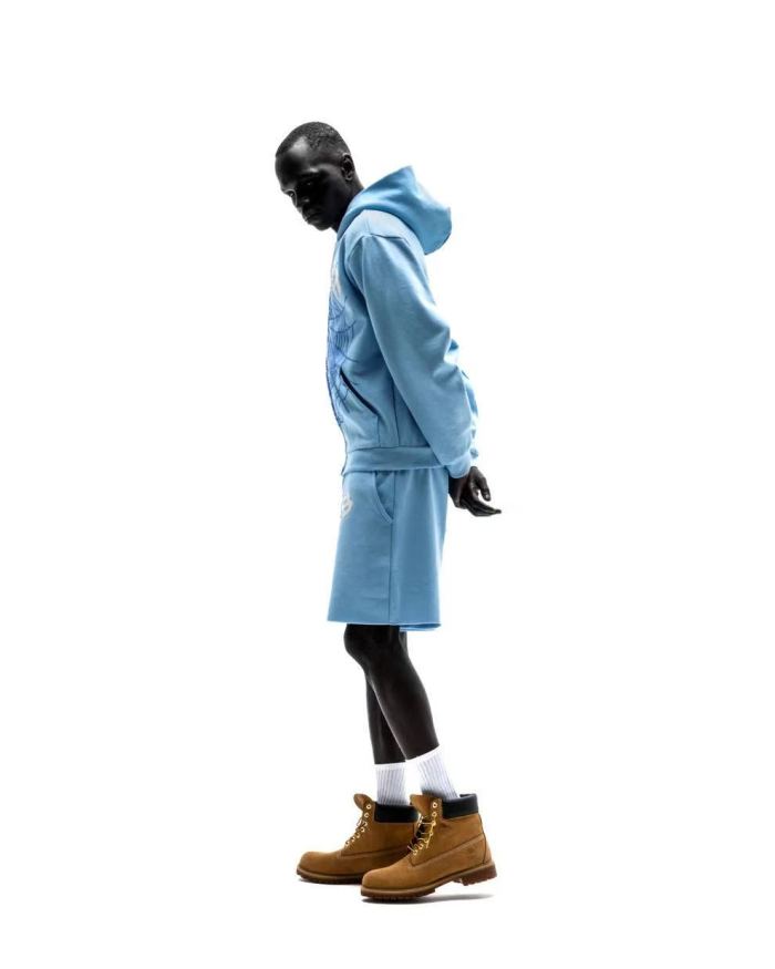 [Big & Tall for weights up to 220 lbs]1:1 quality version Rhinestone Light Blue Spider Web Zip Up Hoodie & Shorts Set 29204992