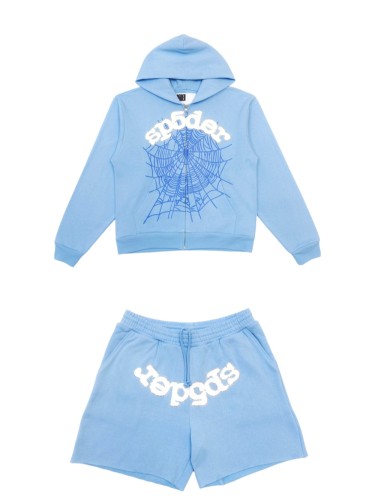[Big & Tall for weights up to 220 lbs]1:1 quality version Rhinestone Light Blue Spider Web Zip Up Hoodie & Shorts Set 29204992