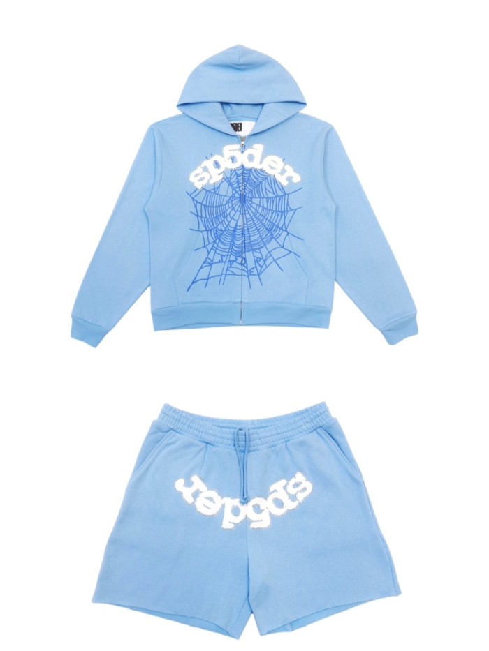 [Big & Tall for weights up to 220 lbs]1:1 quality version Rhinestone Light Blue Spider Web Zip Up Hoodie & Shorts Set 29204992