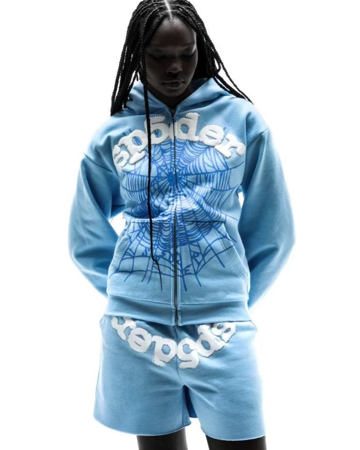 [Big & Tall for weights up to 220 lbs]1:1 quality version Rhinestone Light Blue Spider Web Zip Up Hoodie & Shorts Set 29204992