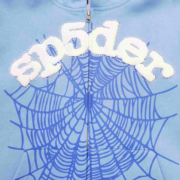 [Big & Tall for weights up to 220 lbs]1:1 quality version Rhinestone Light Blue Spider Web Zip Up Hoodie & Shorts Set 29204992