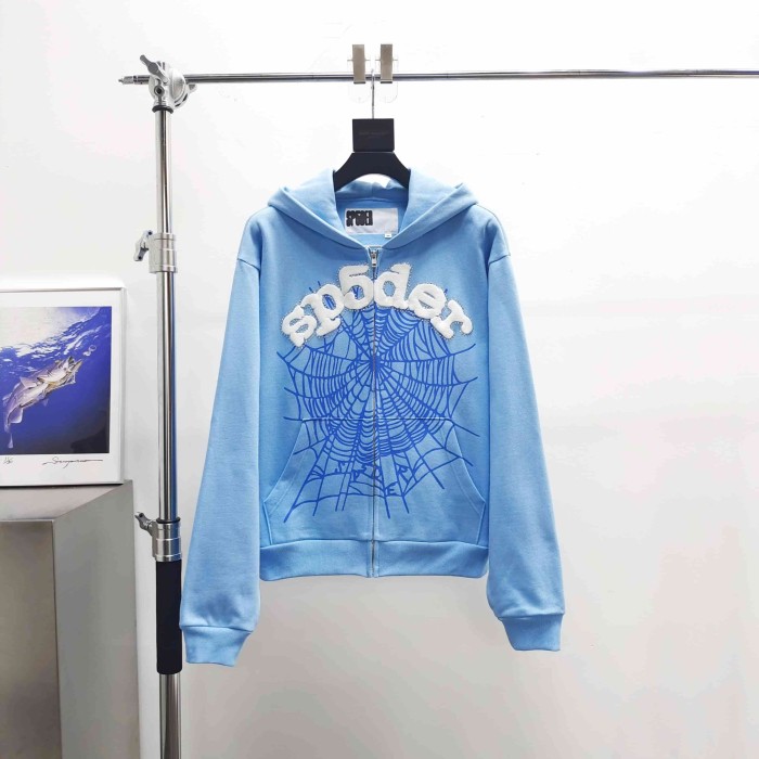 [Big & Tall for weights up to 220 lbs]1:1 quality version Rhinestone Light Blue Spider Web Zip Up Hoodie & Shorts Set 29204992