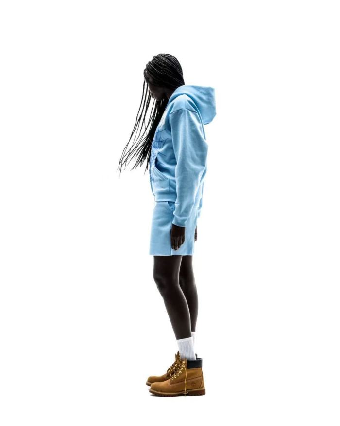 [Big & Tall for weights up to 220 lbs]1:1 quality version Rhinestone Light Blue Spider Web Zip Up Hoodie & Shorts Set 29204992