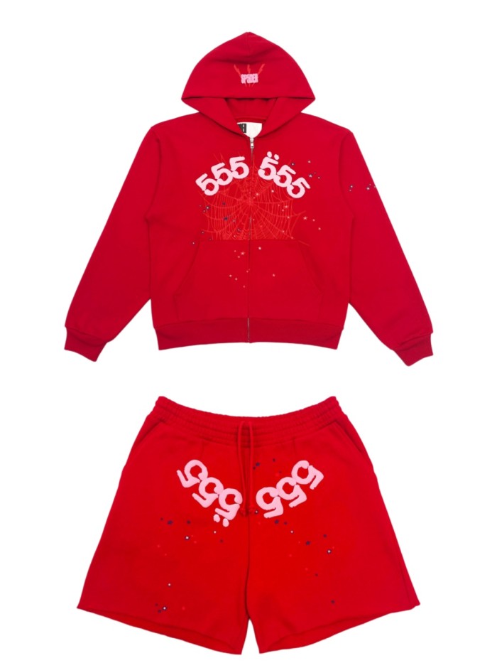 [Big & Tall for weights up to 220 lbs]1:1 quality version 555 Bright Red Zip Up Hoodie & Shorts Set 29204989