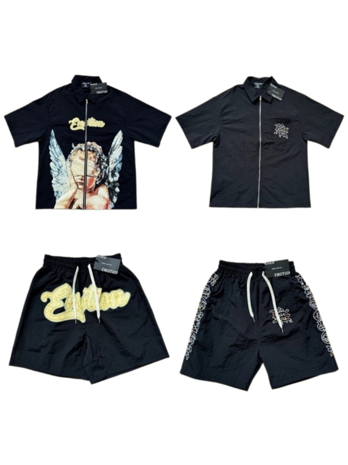 Angel Letter Print Rhinestone Woven Shirt & Shorts Set 2 colors 29219237