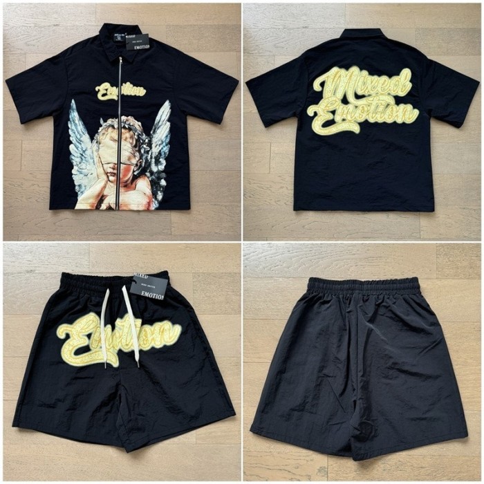 Angel Letter Print Rhinestone Woven Shirt & Shorts Set 2 colors 29219237