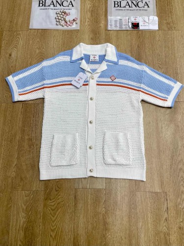 1:1 quality version Mediterranean Resort Striped Openwork Crochet Knit Logo Embroidery Polo Shirt & Shorts Set 29220431