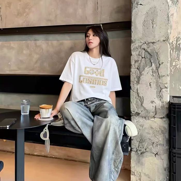 Around The World Color Rhinestone Embroidery Tee 2 colors 29220119
