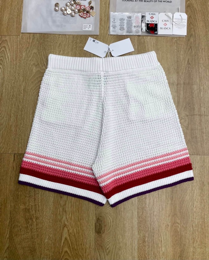1:1 quality version Purple Red Pink Gradient Horizontal Striped Embroidered Badge Knit Shirt & Shorts Set 29220621
