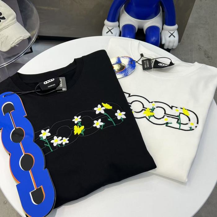 Yellow Stamen White Flower Butterfly Embroidery Tee 2 colors 29220603