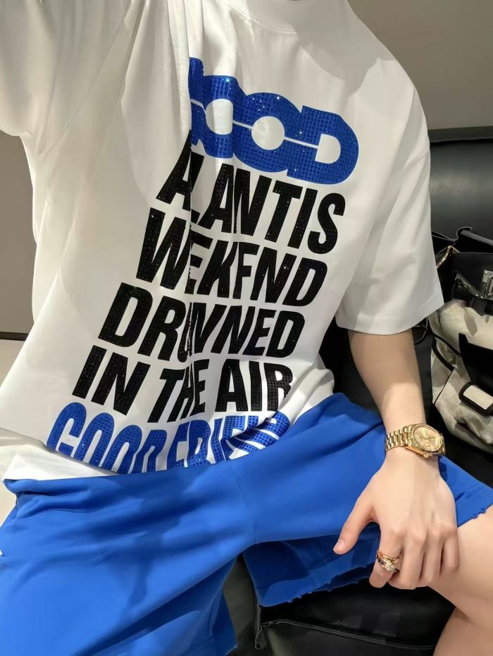 All Over Print Color Rhinestone Slogan Light Luxury Tee 2 colors 29220608