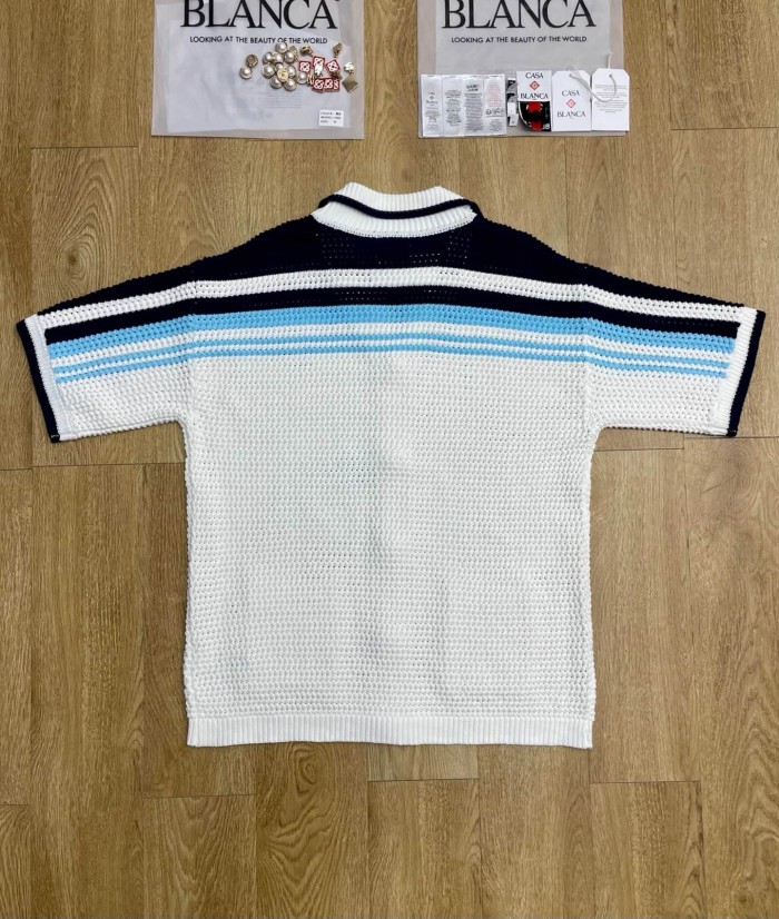 1:1 quality version Navy Light Blue White Horizontal Gradient Stripe Diamond Logo Embroidery Knit Shirt & Shorts Set 29220635