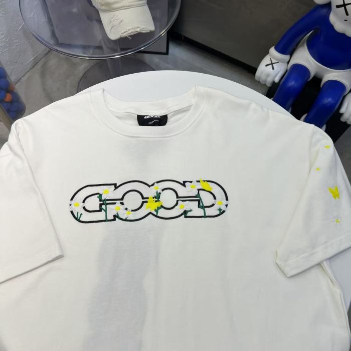 Yellow Stamen White Flower Butterfly Embroidery Tee 2 colors 29220603