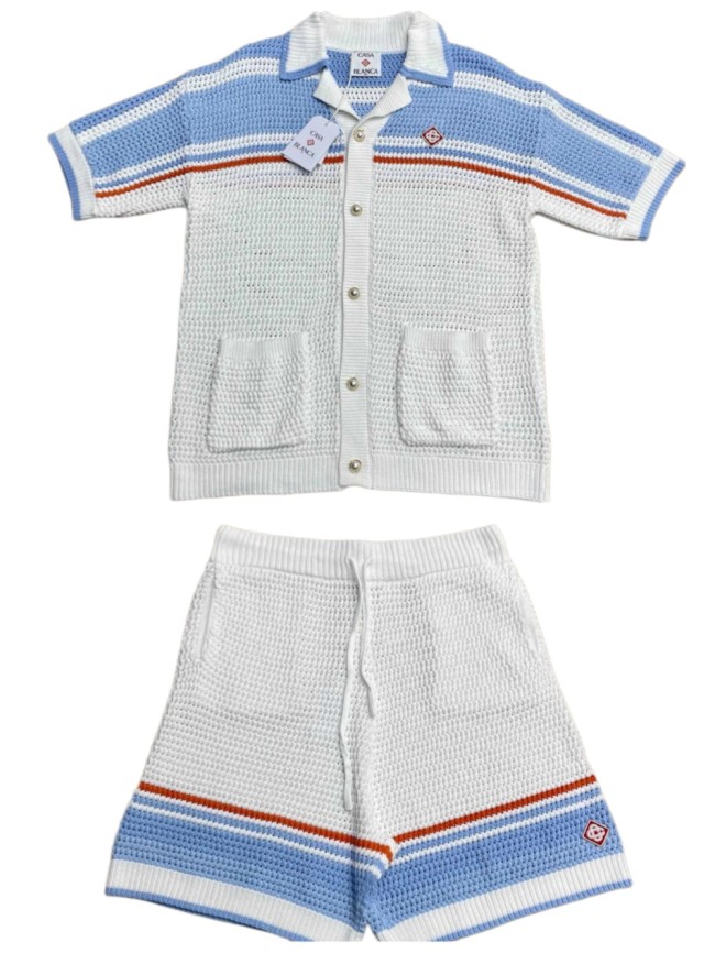 1:1 quality version Mediterranean Resort Striped Openwork Crochet Knit Logo Embroidery Polo Shirt & Shorts Set 29220431