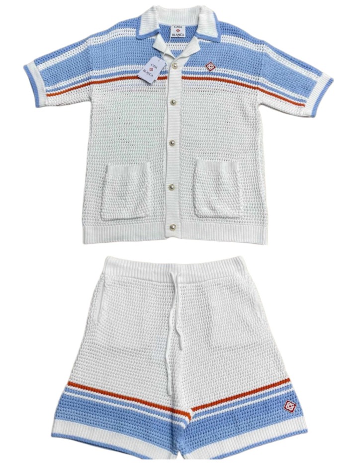 1:1 quality version Mediterranean Resort Striped Openwork Crochet Knit Logo Embroidery Polo Shirt & Shorts Set 29220431