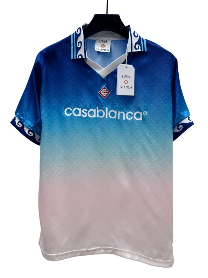 1:1 quality version Gradient Blue White All Over Jacquard Logo Satin Silk V Neck Soccer Jersey T-shirt 29220501