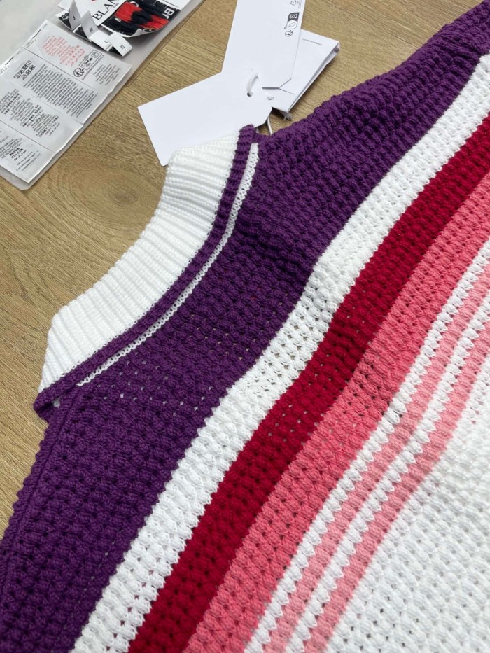 1:1 quality version Purple Red Pink Gradient Horizontal Striped Embroidered Badge Knit Shirt & Shorts Set 29220621