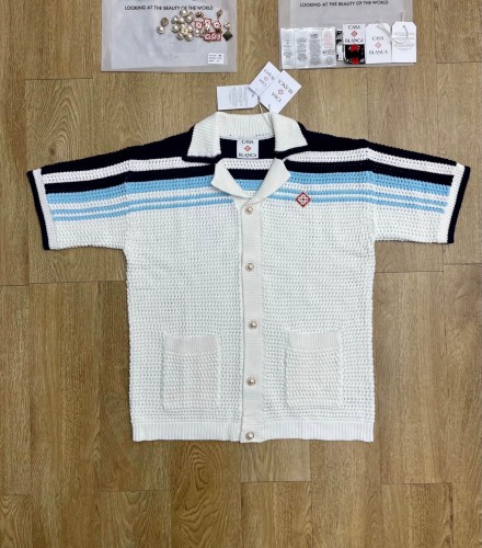 1:1 quality version Navy Light Blue White Horizontal Gradient Stripe Diamond Logo Embroidery Knit Shirt & Shorts Set 29220635