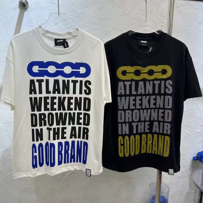 All Over Print Color Rhinestone Slogan Light Luxury Tee 2 colors 29220608