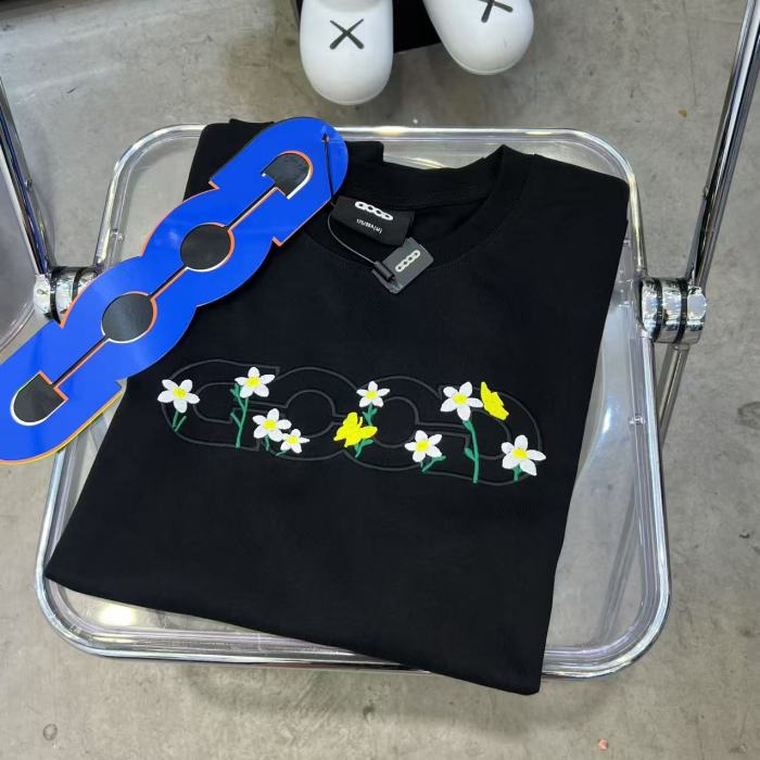Yellow Stamen White Flower Butterfly Embroidery Tee 2 colors 29220603