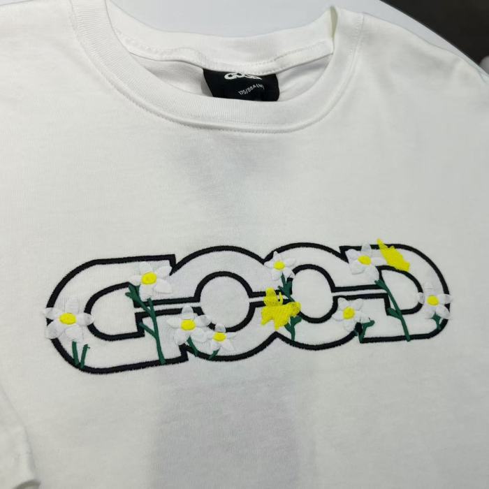 Yellow Stamen White Flower Butterfly Embroidery Tee 2 colors 29220603