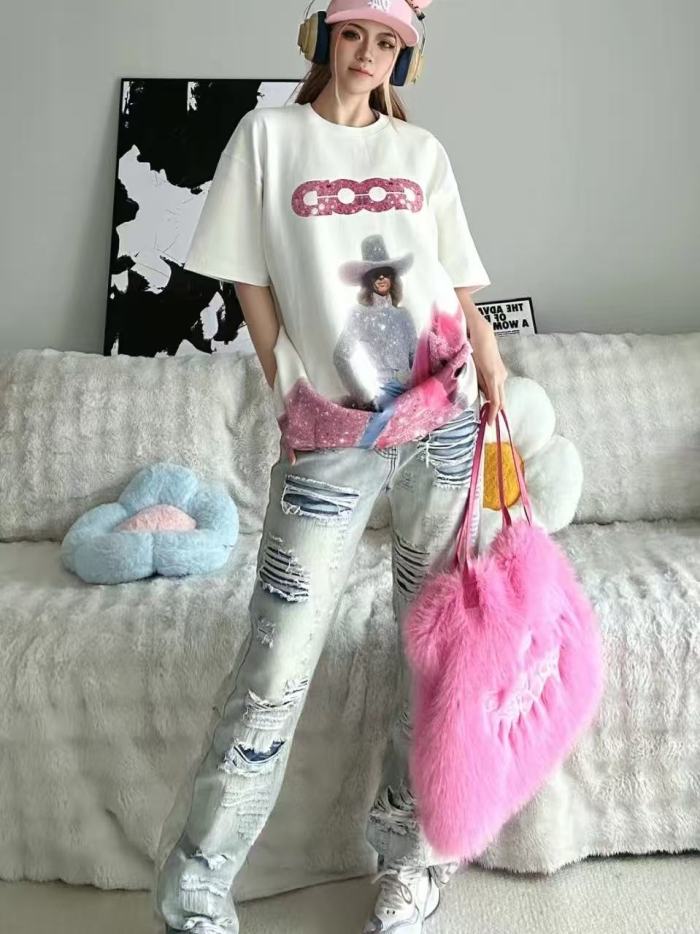 Year Of Horse Pink Denim Full Rhinestone Tee 29220114