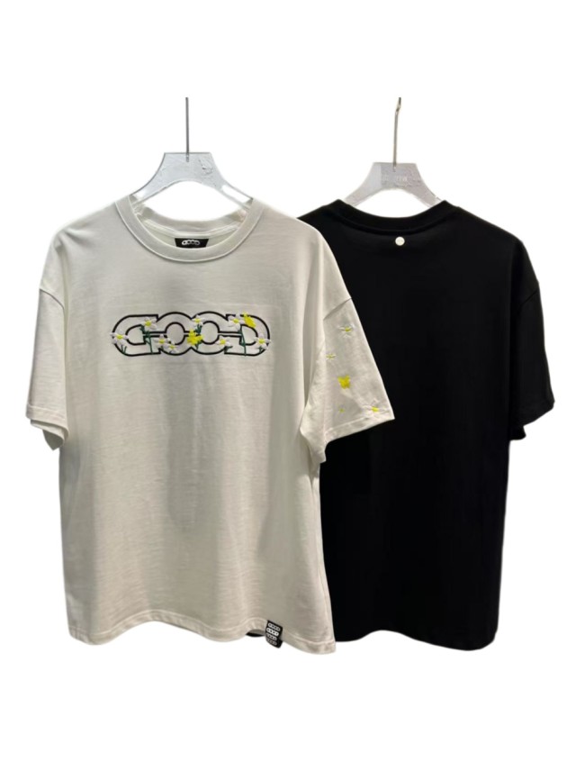 Yellow Stamen White Flower Butterfly Embroidery Tee 2 colors 29220603