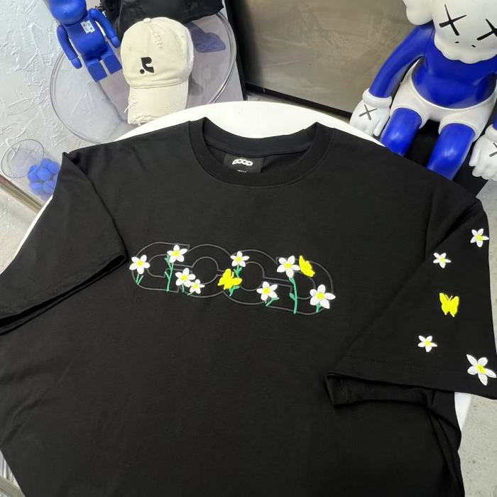 Yellow Stamen White Flower Butterfly Embroidery Tee 2 colors 29220603