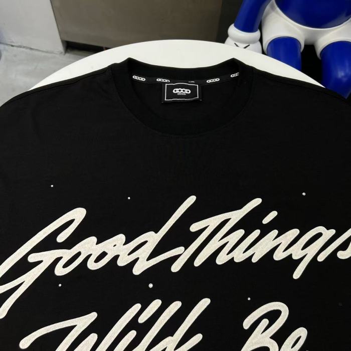 Unisex Handwritten Cursive 3D Puff Print Slogan Black T-shirt 29220104