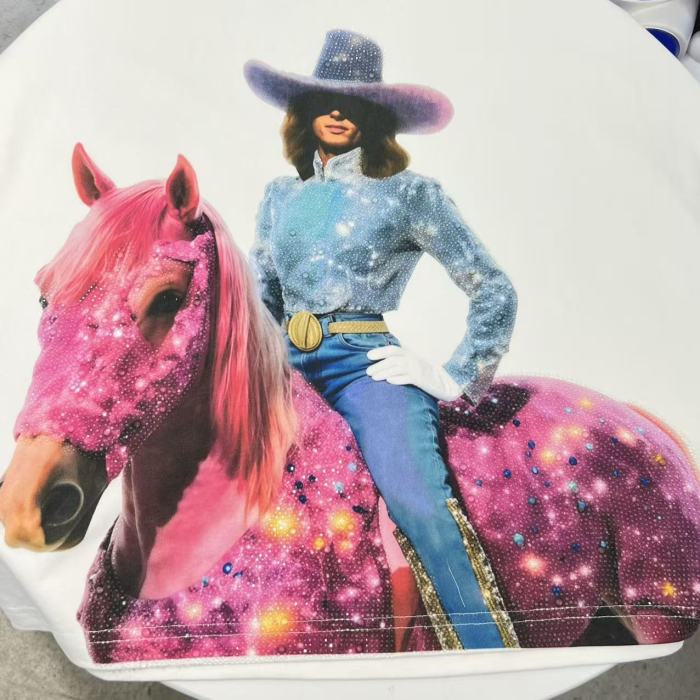 Year Of Horse Pink Denim Full Rhinestone Tee 29220114