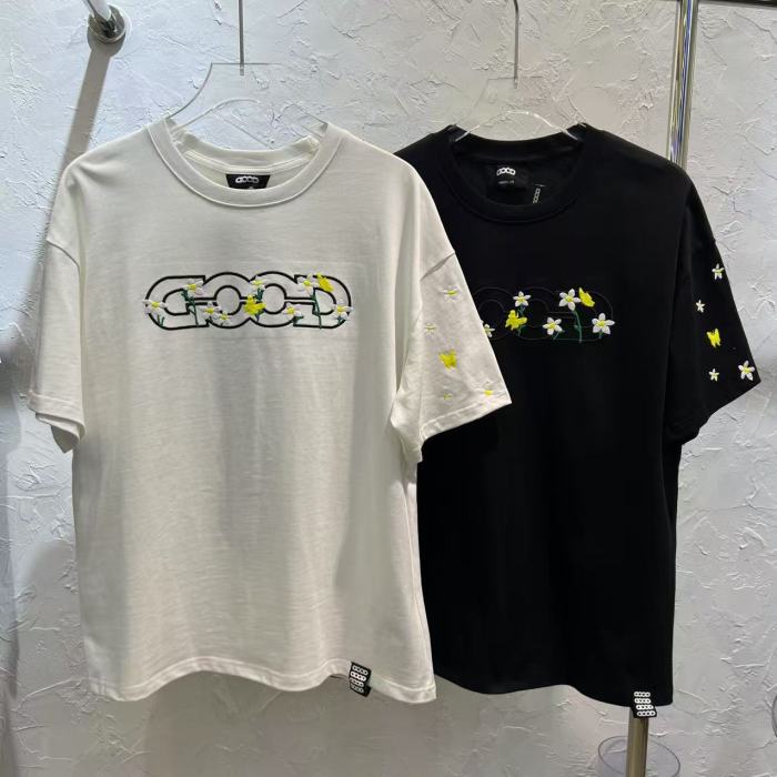 Yellow Stamen White Flower Butterfly Embroidery Tee 2 colors 29220603