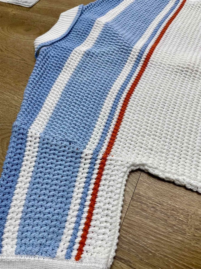 1:1 quality version Mediterranean Resort Striped Openwork Crochet Knit Logo Embroidery Polo Shirt & Shorts Set 29220431