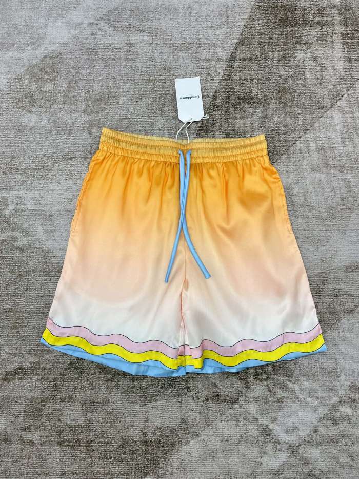 1:1 quality version Blue Orange Peach Gradient Wave Multicolor Striped Borde Silky Polo Shirt & Shorts Set 29220588