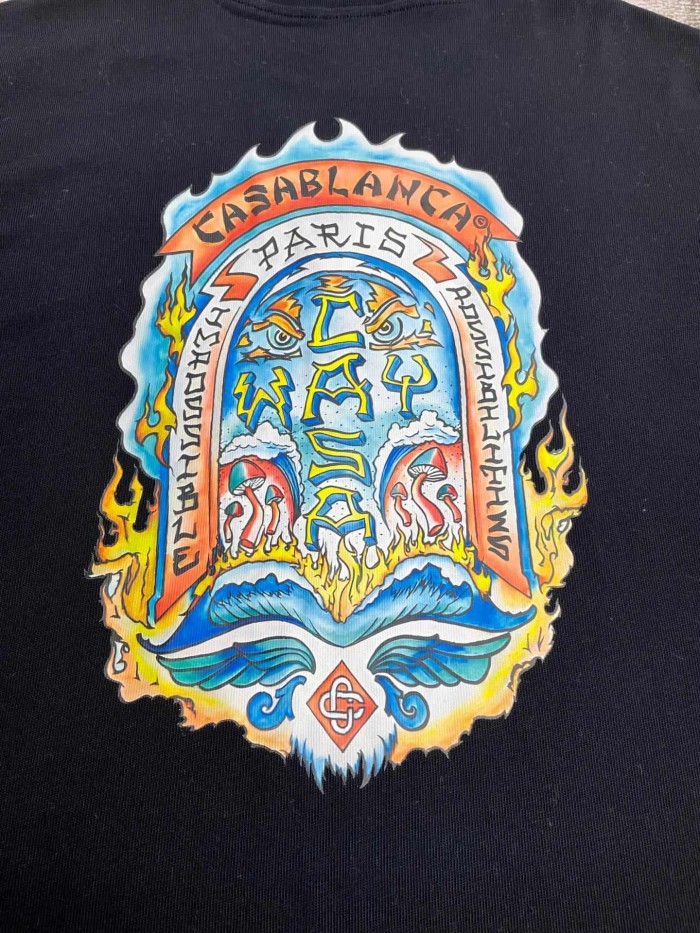 1:1 quality version Vintage Fire Flame Totem Colorful Arch Frame Front Back Print T-shirt 29220515