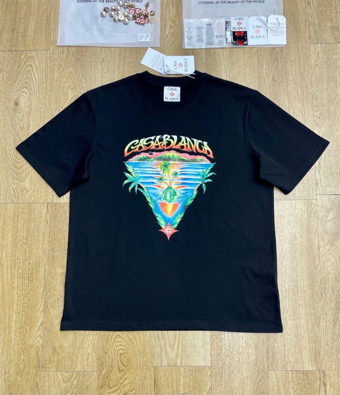 1:1 quality version Tropical Island Palm Tree Triangle Frame Gradient Brand Letter Print T-shirt 29220531