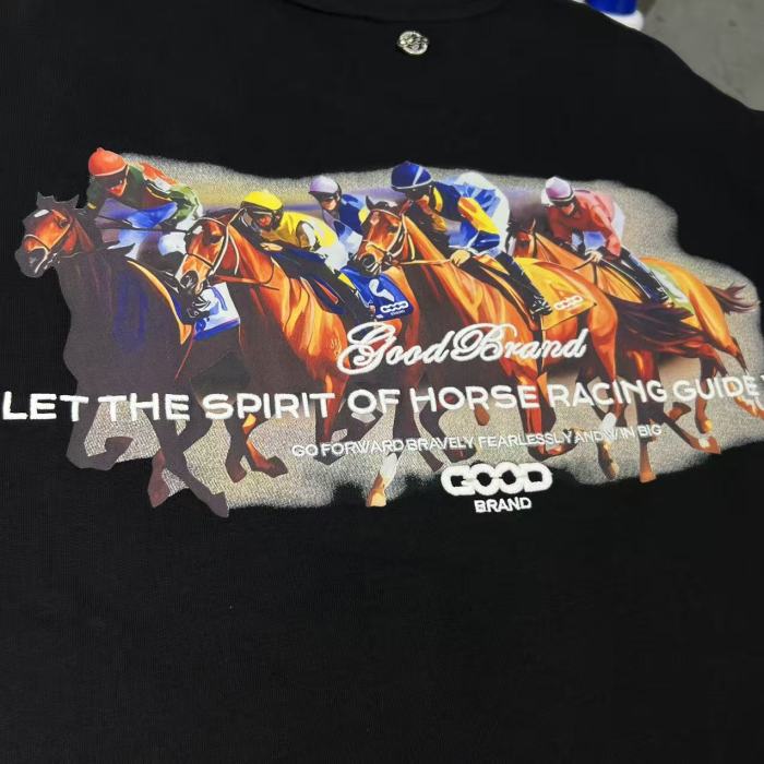 Year Of Horse Fixed Flocking Embroidery Horse Racing Print Tee 29220116