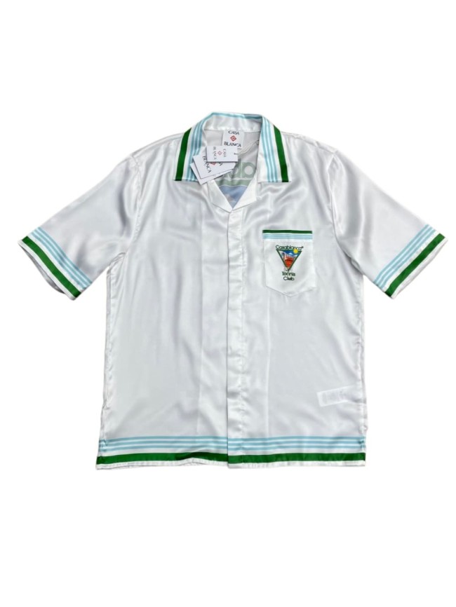 1:1 quality version Green Striped Trim Triangle Tennis Villa Print Silky Viscose Camp Collar Shirt 29220569
