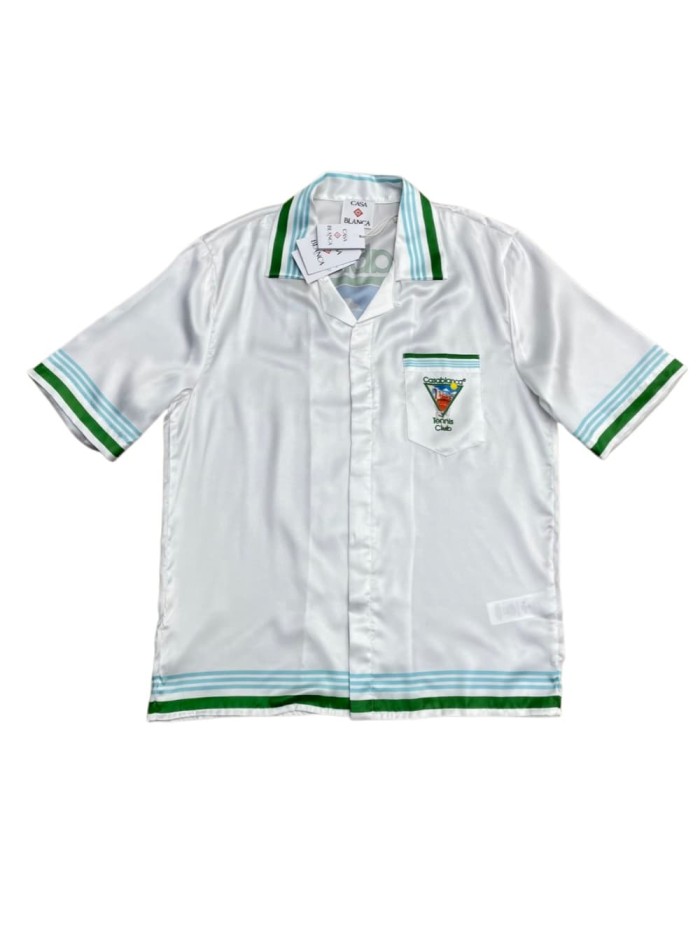 1:1 quality version Green Striped Trim Triangle Tennis Villa Print Silky Viscose Camp Collar Shirt 29220569