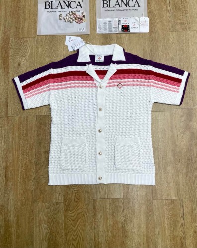 1:1 quality version Purple Red Pink Gradient Horizontal Striped Embroidered Badge Knit Shirt & Shorts Set 29220621
