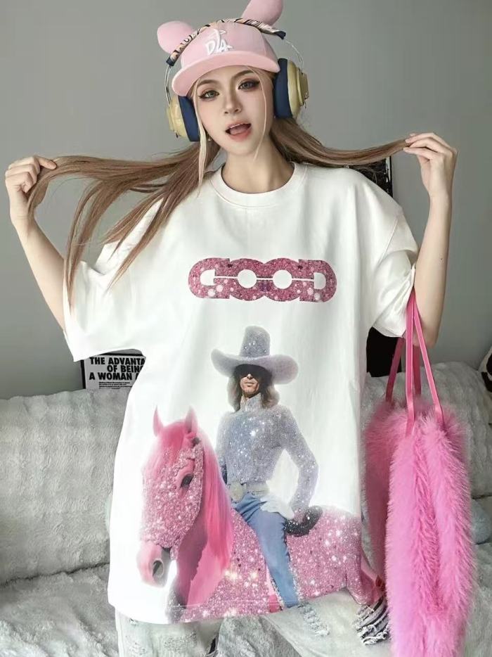 Year Of Horse Pink Denim Full Rhinestone Tee 29220114