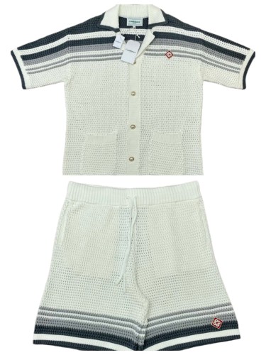 1:1 quality version Dark Gray Gradient Horizontal Striped Embroidered Badge Knit Shirt & Shorts Set 29220631