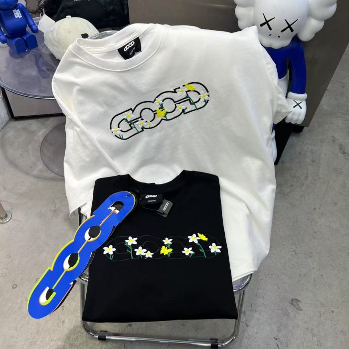 Yellow Stamen White Flower Butterfly Embroidery Tee 2 colors 29220603
