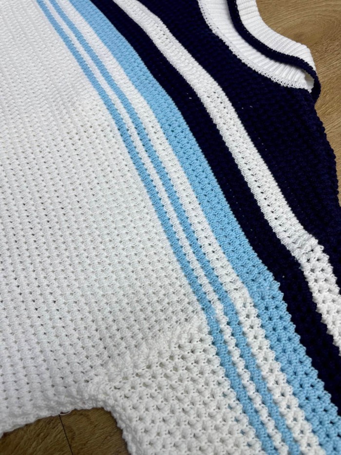 1:1 quality version Navy Light Blue White Horizontal Gradient Stripe Diamond Logo Embroidery Knit Shirt & Shorts Set 29220635