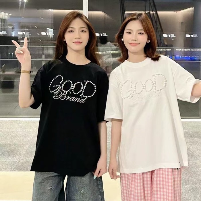 Round Pearl Letter Embroidery Tee 3 colors 29220600